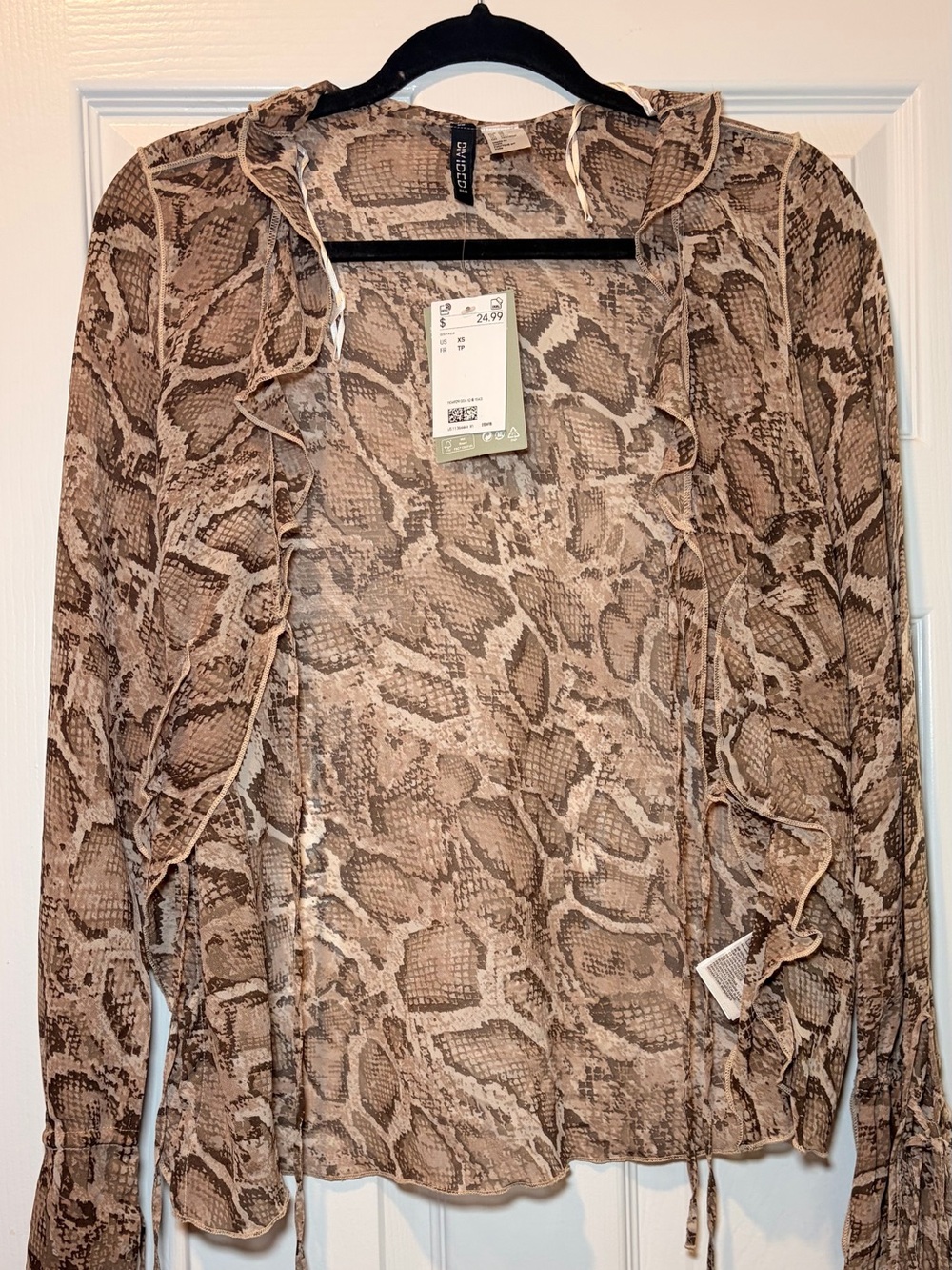 Snakeskin Print Ruffle Blouse- Beige